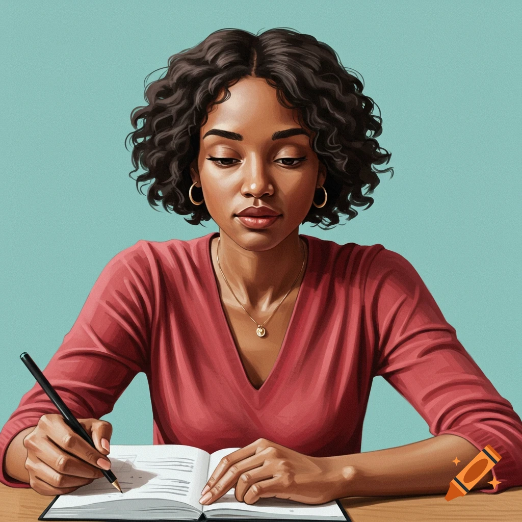 Digital illustration of a woman with curly hair writing in a notebook.