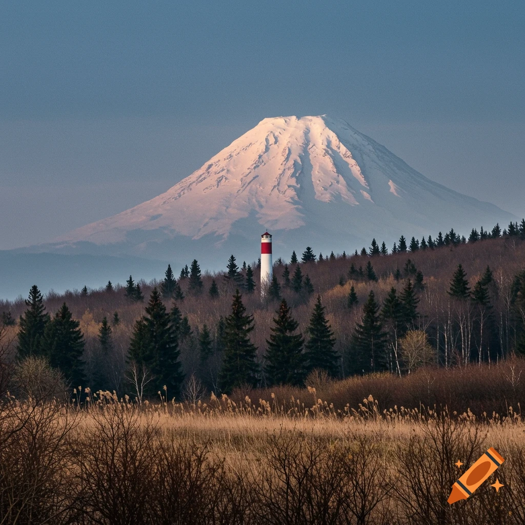Snowy mountain behind a forest and lighthouse with dry grass foreground.