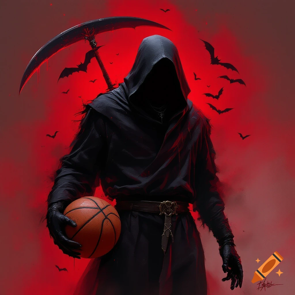 A Grim Reaper figure holds a basketball, with a scythe and bats against a smokey red background.
