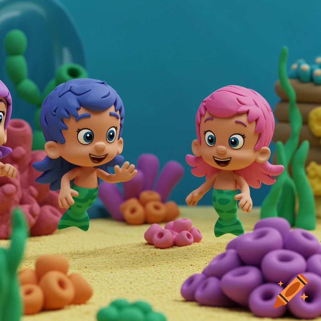 Two Bubble Guppies characters in a claymation underwater scene with coral.