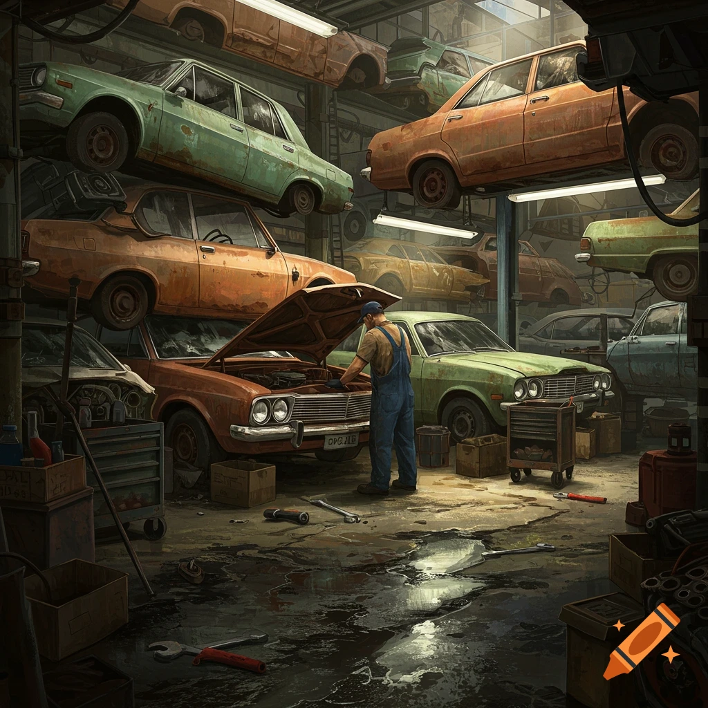 A mechanic works on a car in a cluttered junkyard with stacked vehicles.