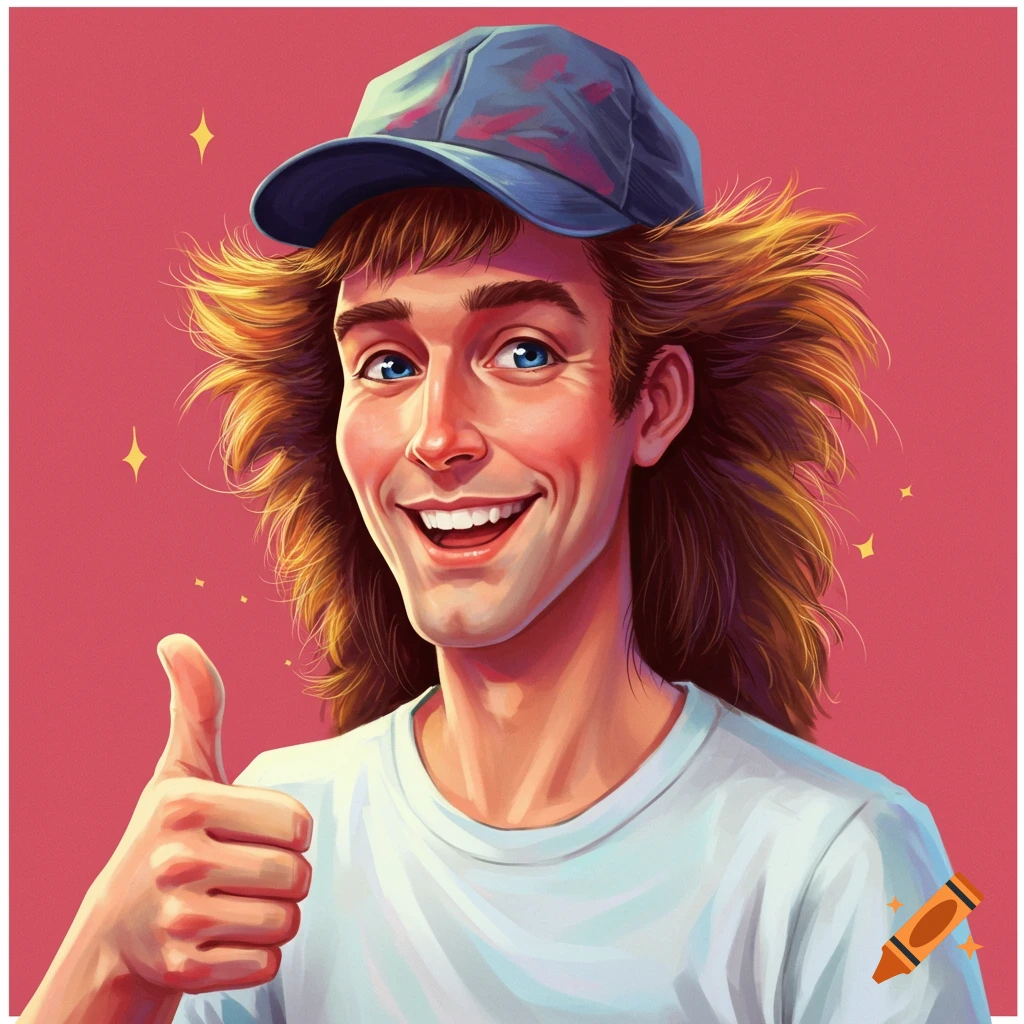 A smiling man with a mullet and hat is giving a thumbs up