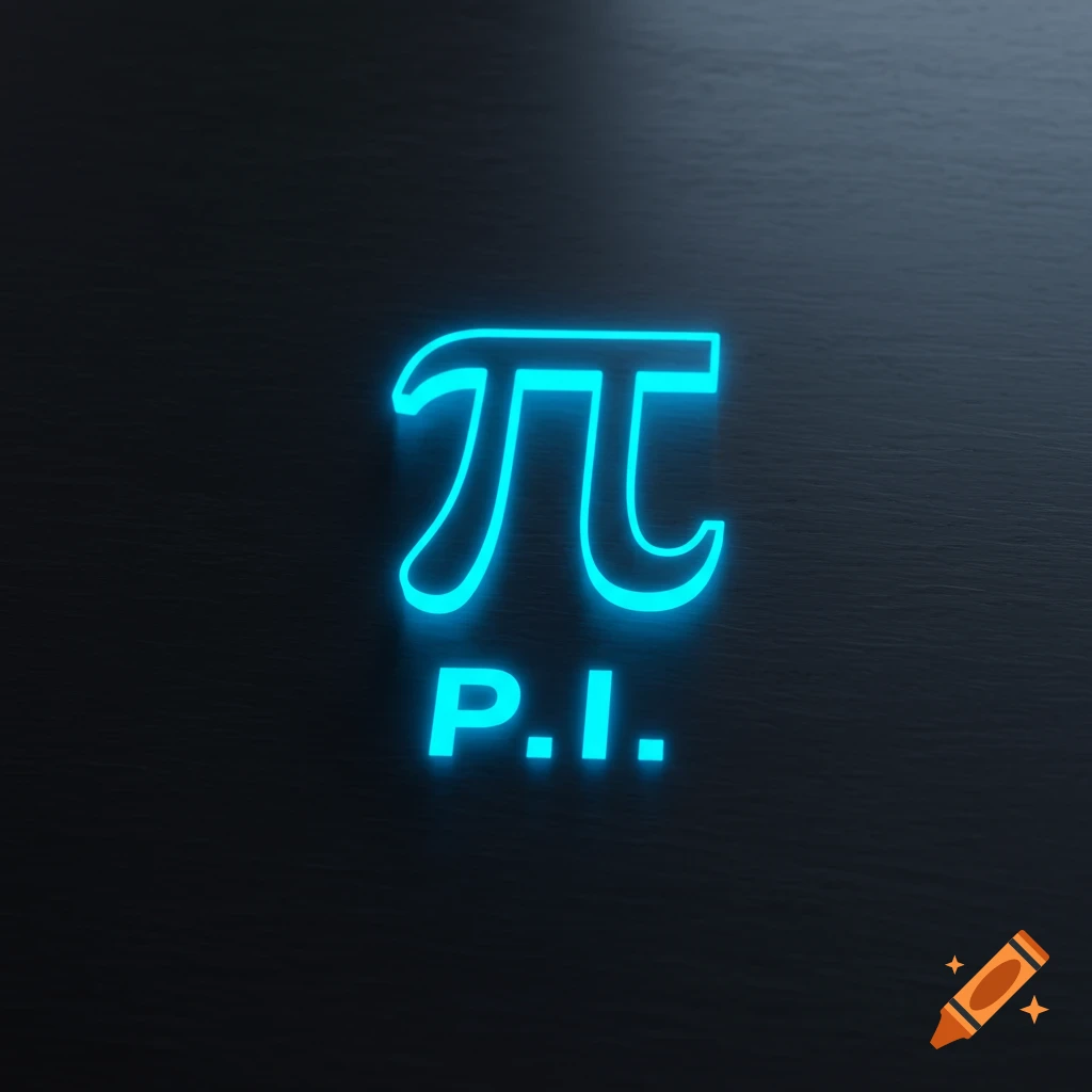 A glowing blue neon sign features the Pi symbol above the letters P.I. on a dark background.