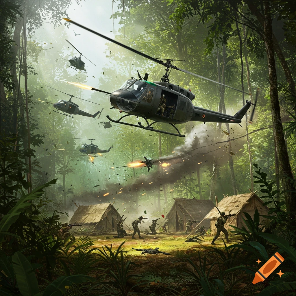 Huey helicopters attacking a camp in a jungle.