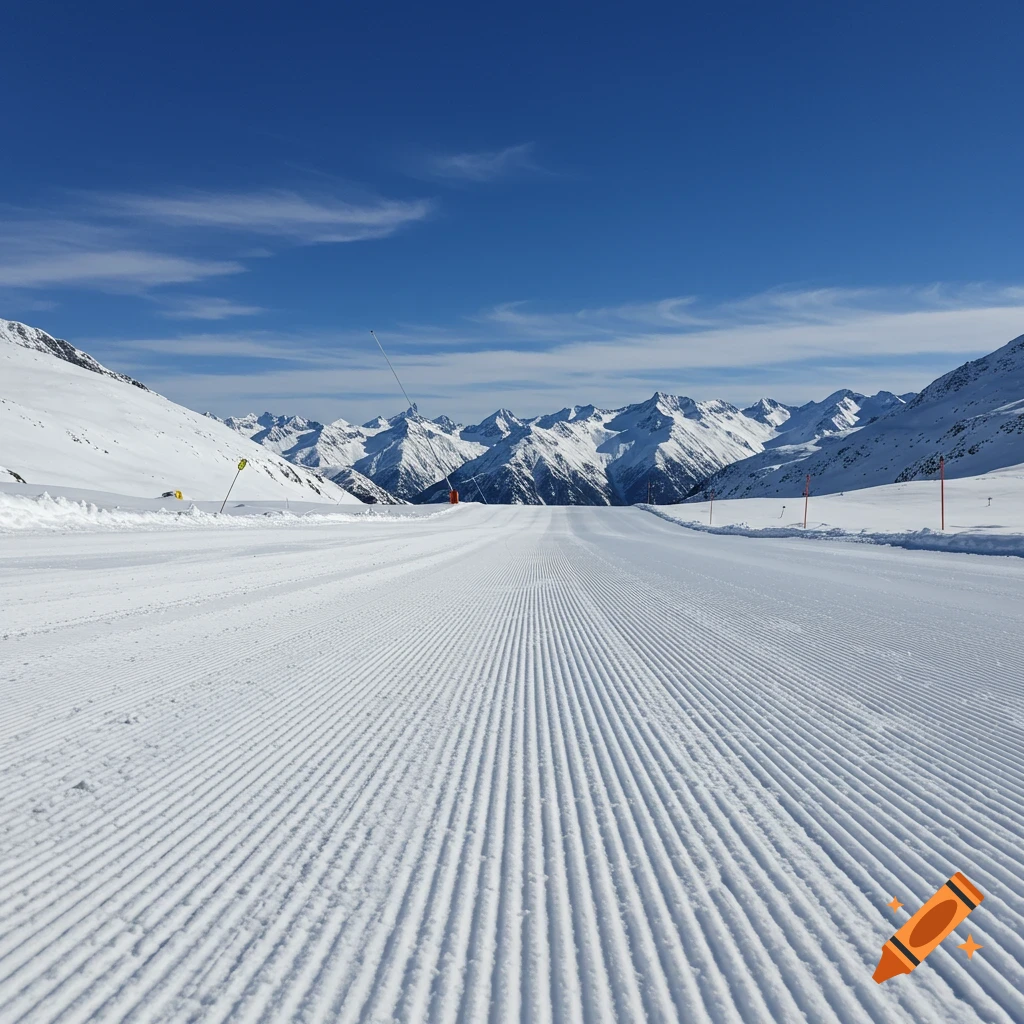 A groomed ski slope winds through snowy mountains under a blue sky.