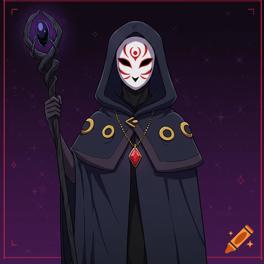Anime styled figure in a hooded cloak and mask holding a staff, against a starry background.