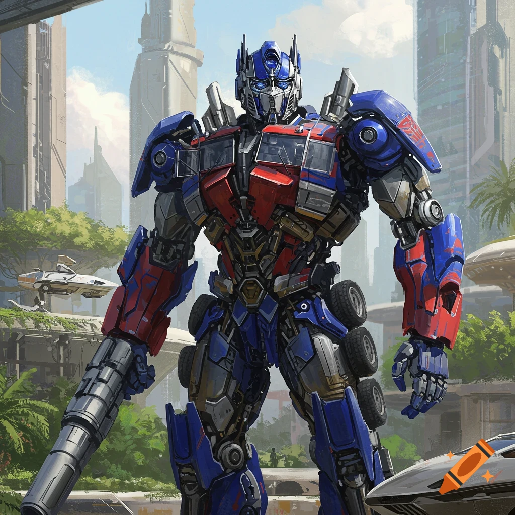 Optimus Prime standing in a futuristic city