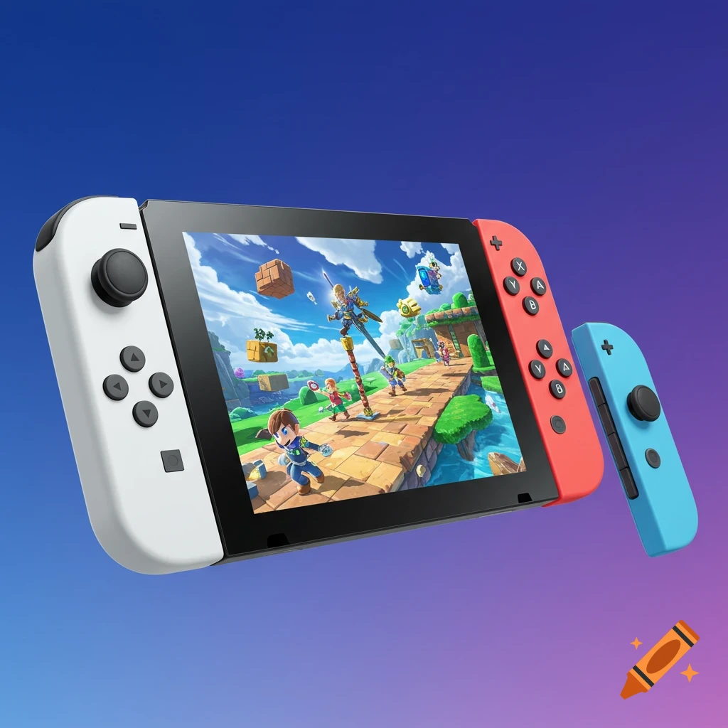 A Nintendo Switch console showing gameplay on its screen, against a gradient background.