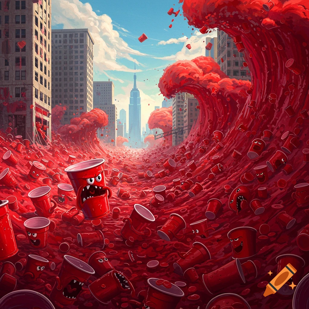 A wave of red solo cups with faces floods a city street.