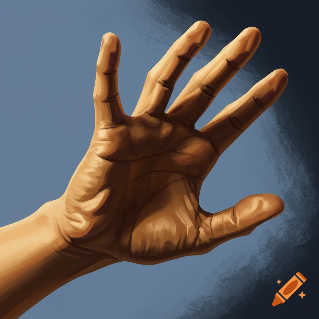 A hand is reaching out against a blue background.