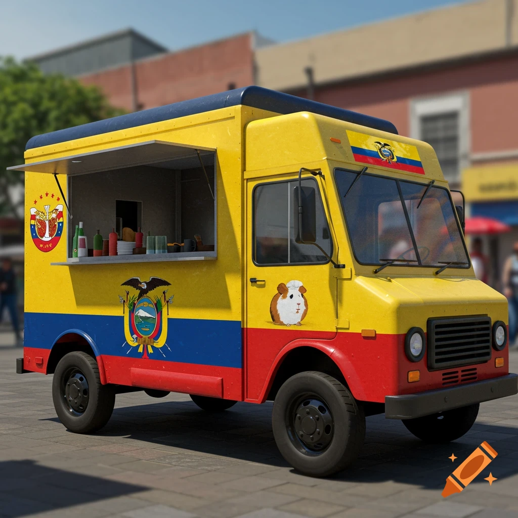 A yellow food truck featuring Ecuadorian flag colors and emblems, and a picture of a guinea pig, is parked on a street.