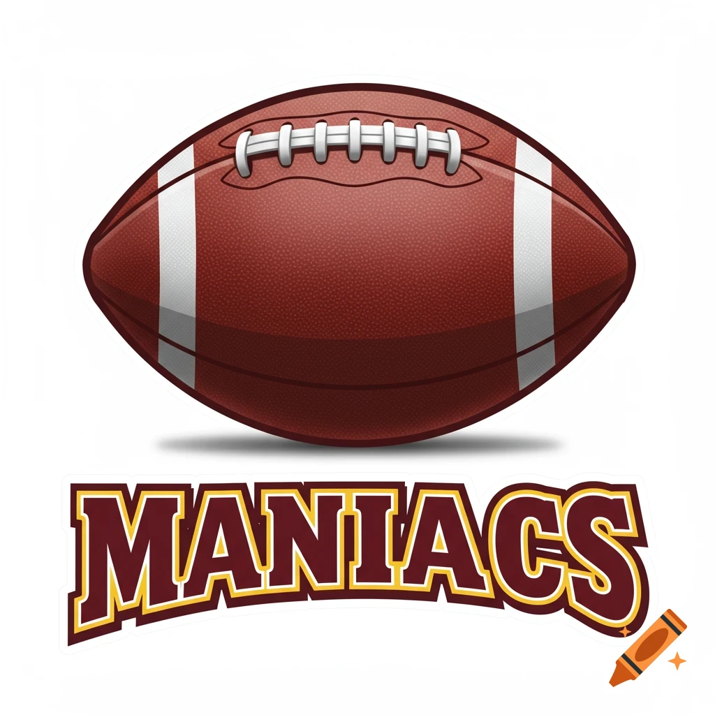A logo featuring a football above the word MANIACS in burgundy with a yellow outline.
