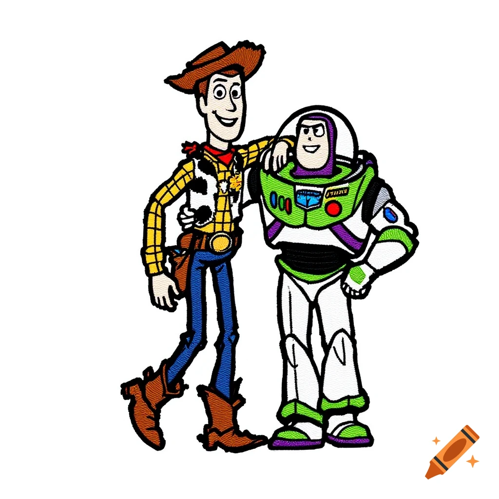 Embroidered patch of Woody with arm around Buzz Lightyear.