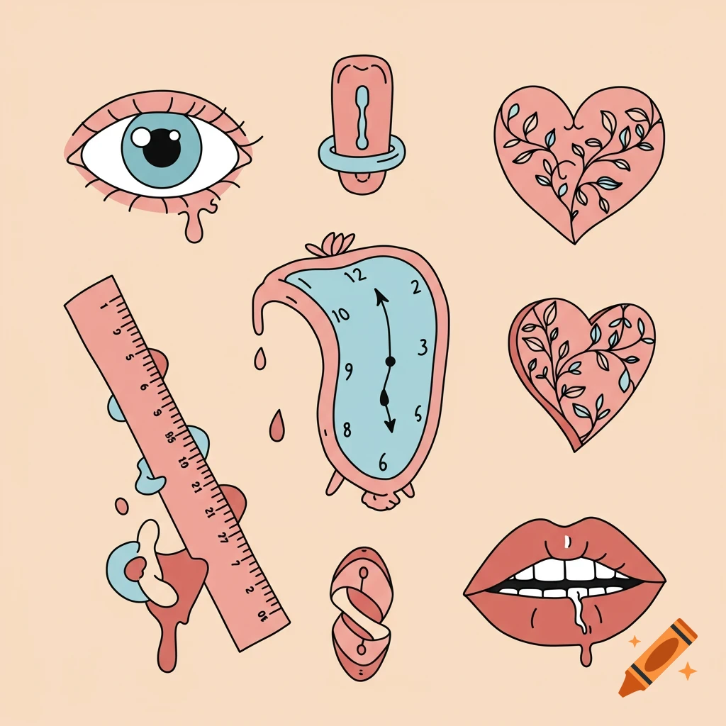 A surreal illustration with isolated pastel elements: eye, melting clock, wavy ruler, hearts, keyhole shape, and dripping lips.