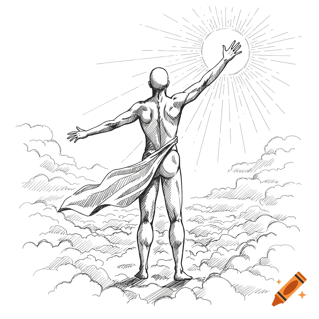 Sketch of a man reaching for the sun while standing on clouds.