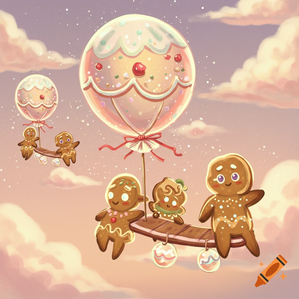 Cute gingerbread people fly through a cloudy sky on balloon platforms.