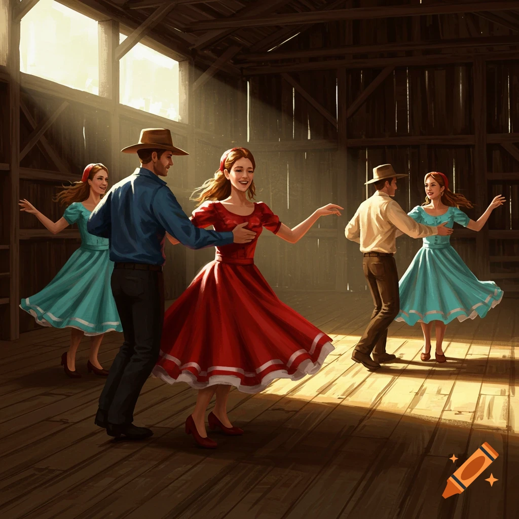 A group of couples square dancing in a barn, illuminated by sunlight streaming through windows.