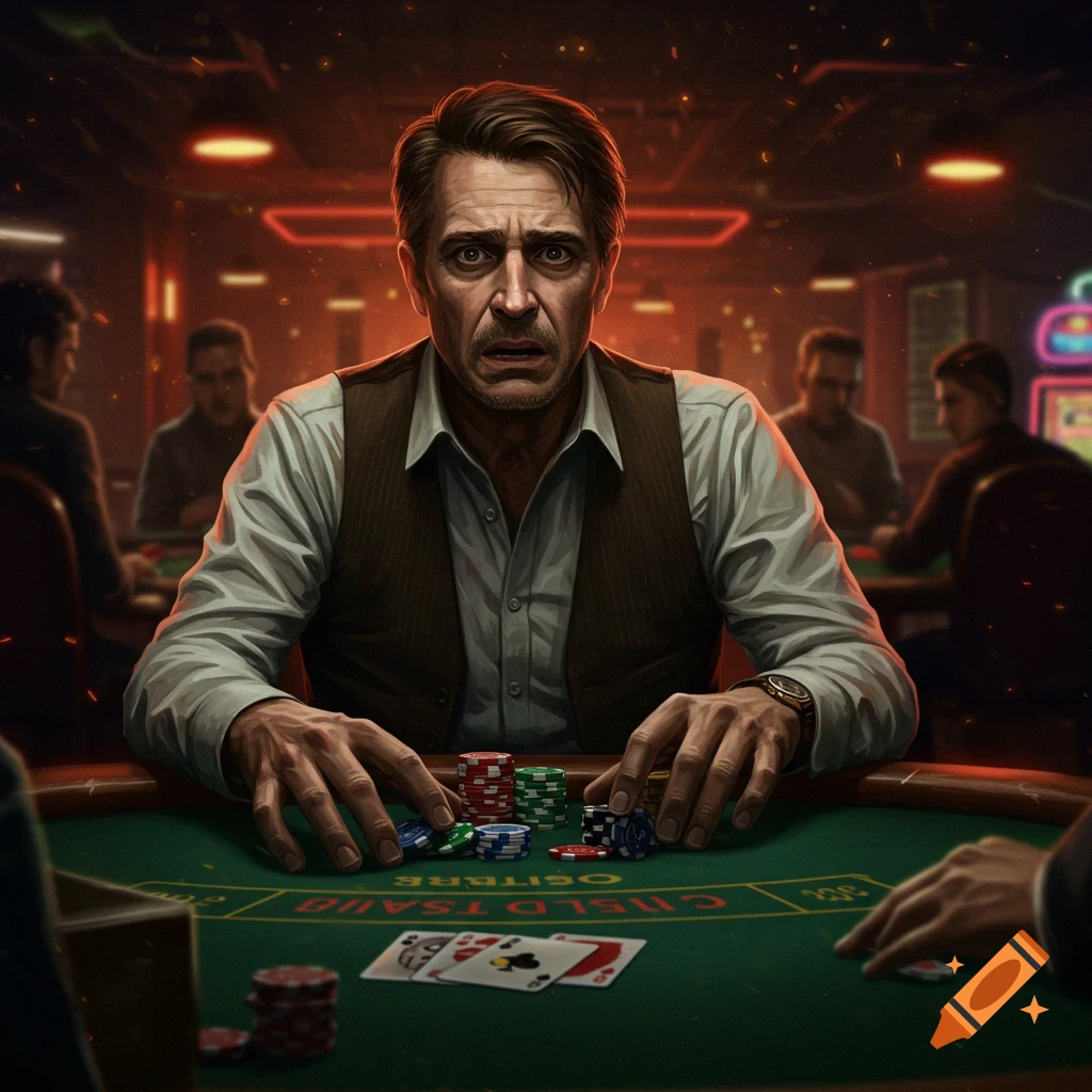 A man with a distressed expression sits at a casino table surrounded by chips.