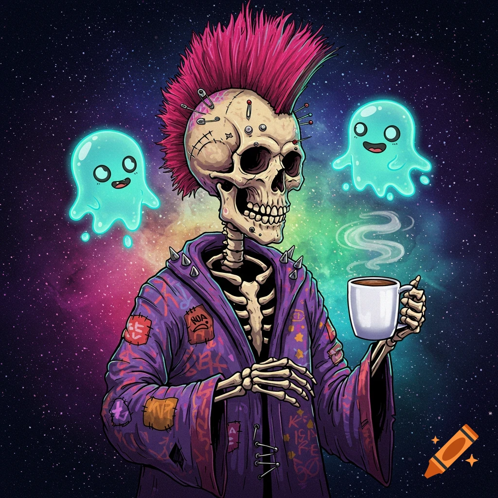 A punk skeleton in a wizard robe holds coffee, with two ghosts floating beside him in the vast expanse of space.