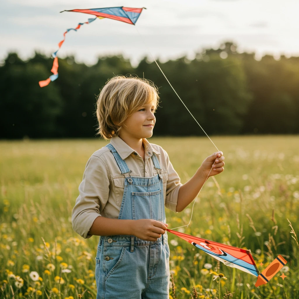 A boy flies a kite in a sunlit meadow.