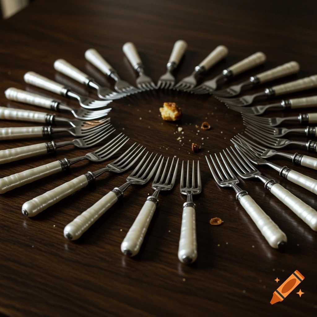 Pearl handled forks fanned in a circle on a table with crumbs.