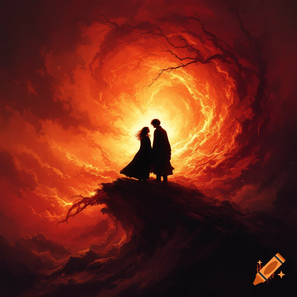 Silhouetted figures stand on a rock outcrop before a swirling, fiery orange sky in a fantasy style.