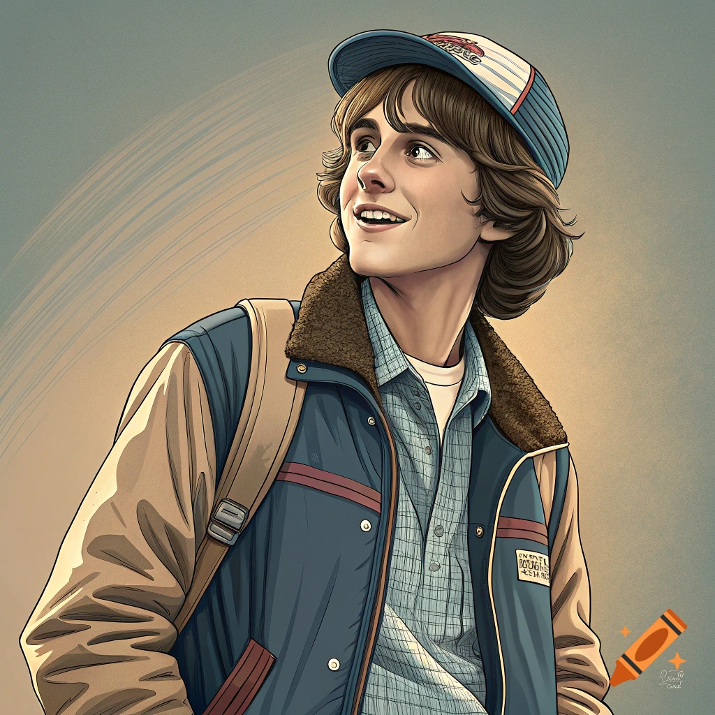 Illustration of a young man with a baseball cap and jacket, carrying a backpack.