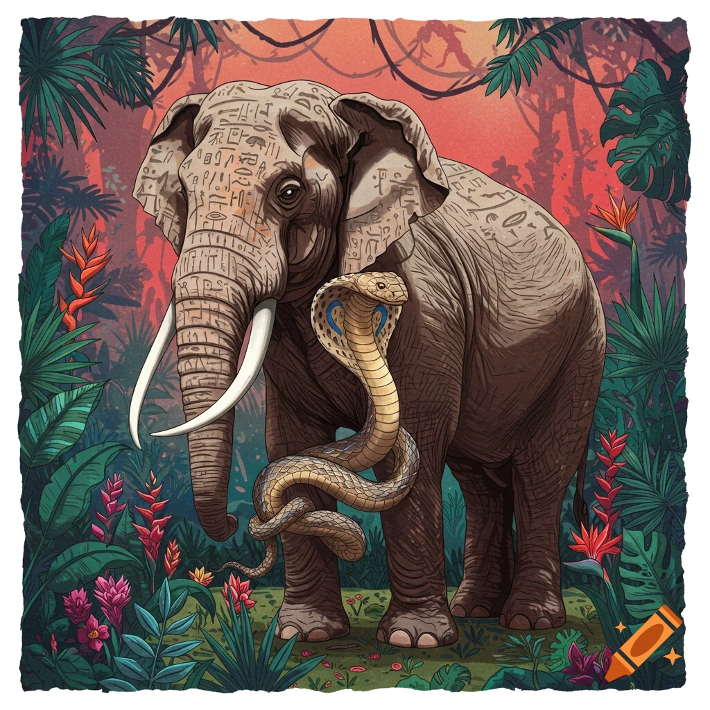 An elephant with a cobra wrapped around its leg stands in a jungle.