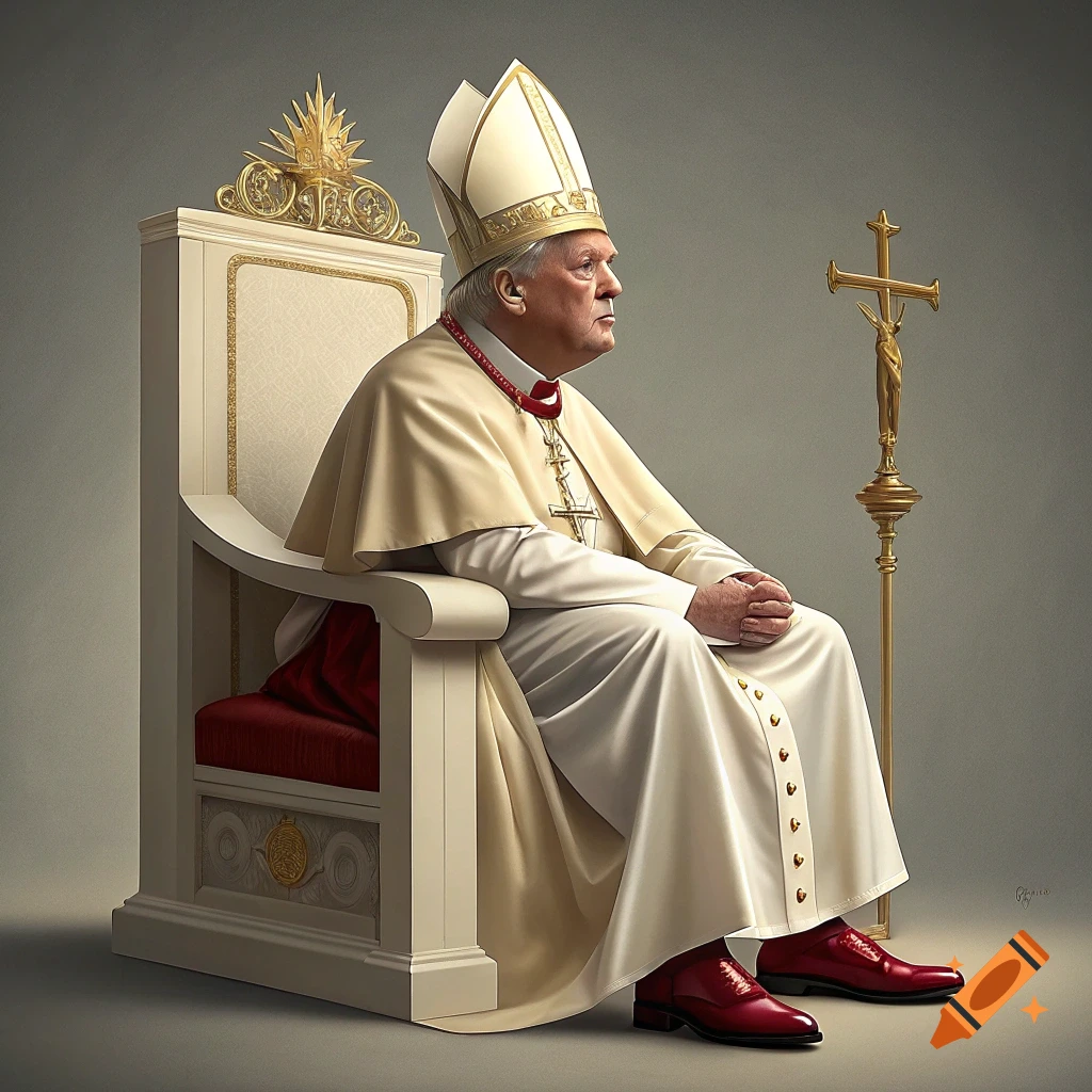 A realistic portrait of a man resembling Donald Trump dressed as a pope, seated on a throne next to a cross.