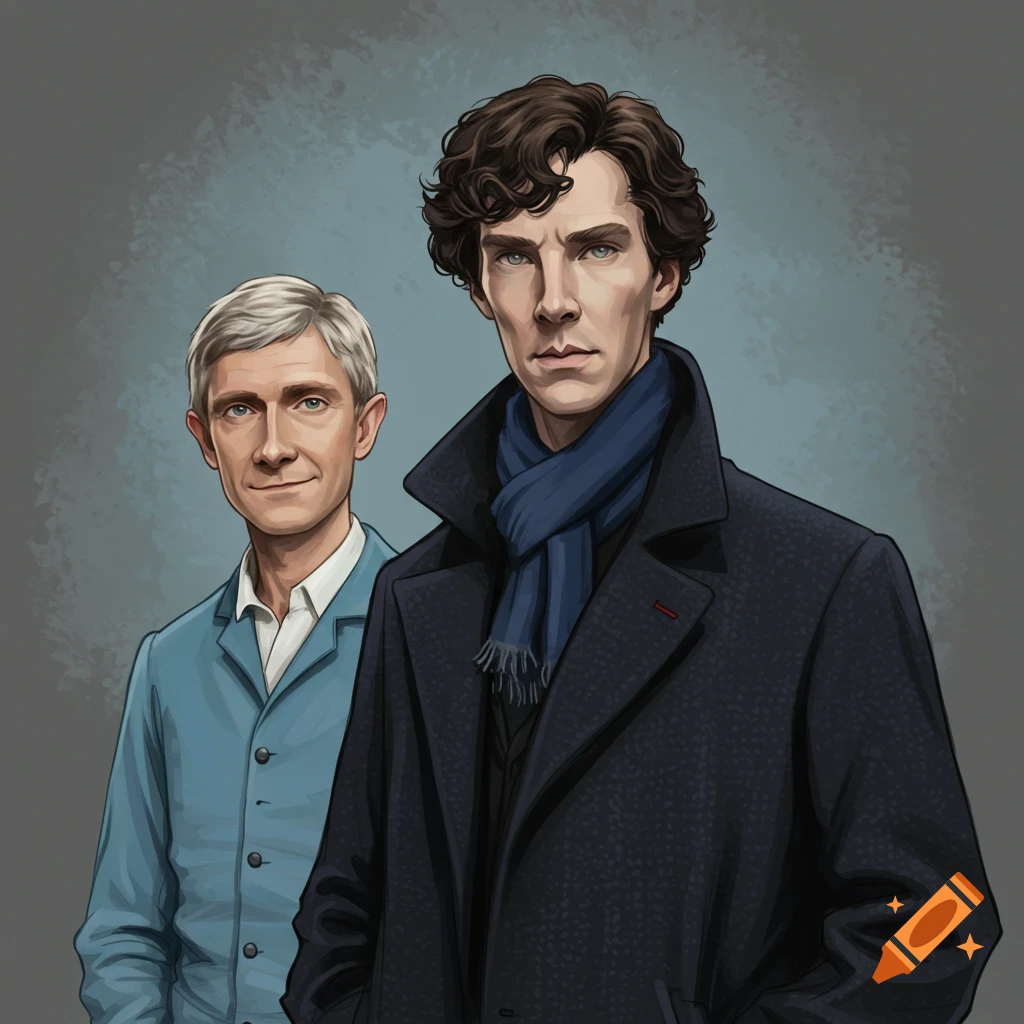 Two men resembling Sherlock Holmes and John Watson against a grey background.