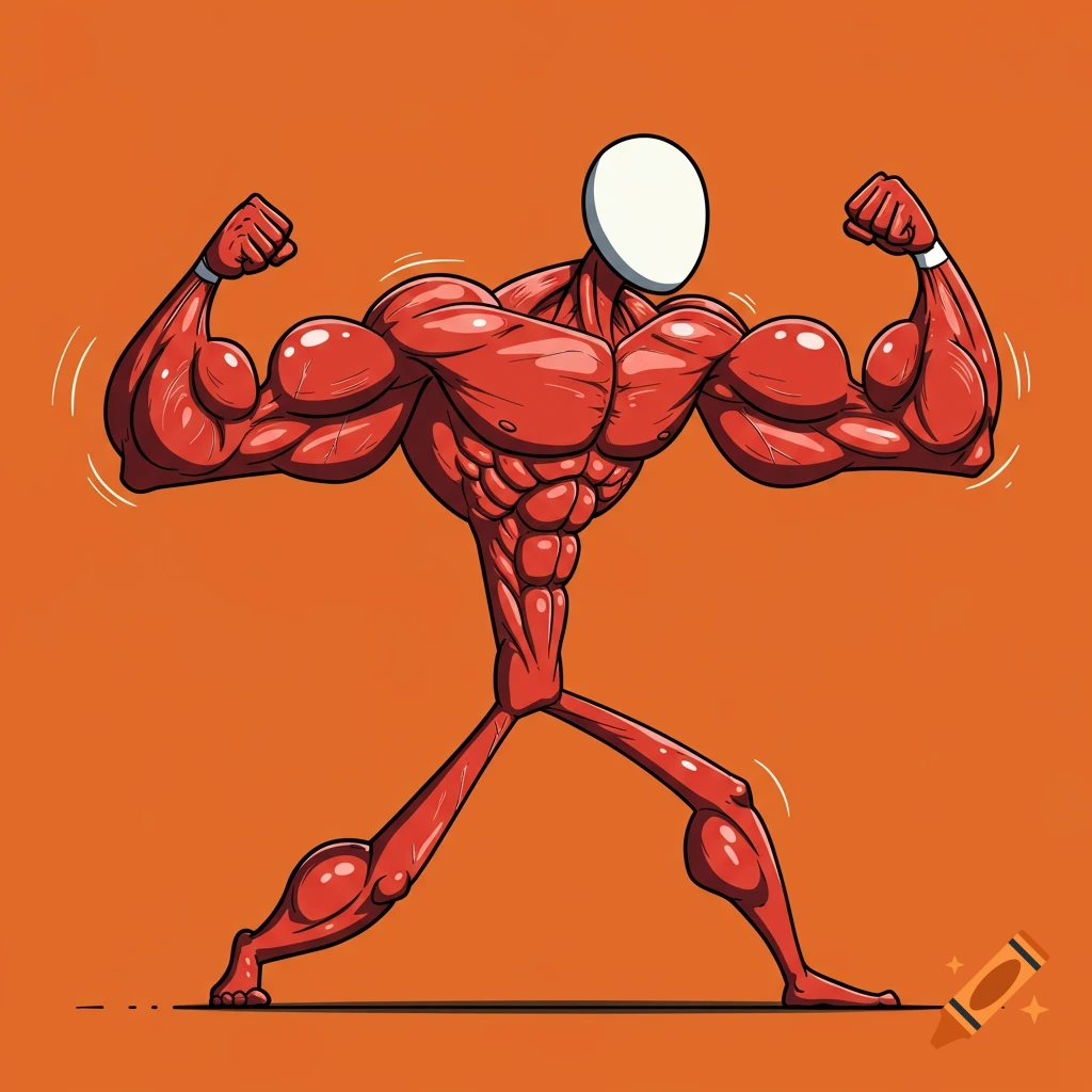 A stylized red muscular figure with a white head flexing its biceps.