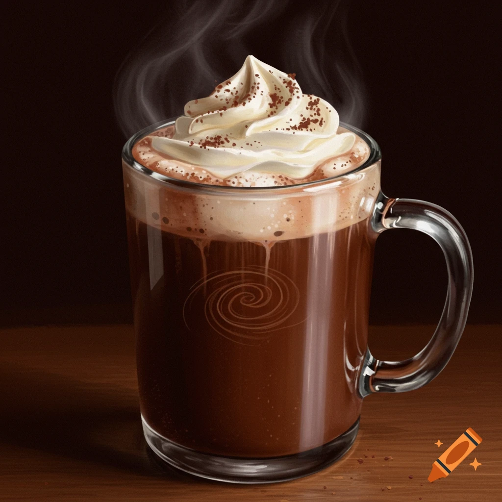 A mug of steaming hot chocolate with whipped cream and sprinkles sits on a table.