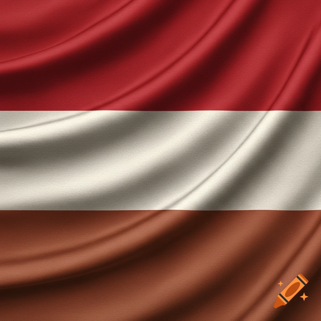A waving flag with horizontal stripes of red, white, and bronze.