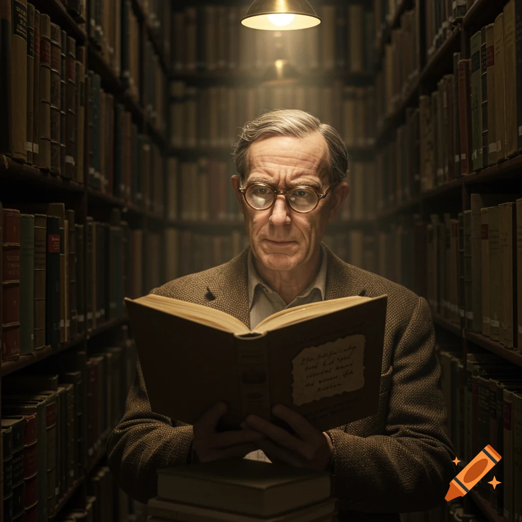 An older man with glasses reads a book in a dimly lit library.