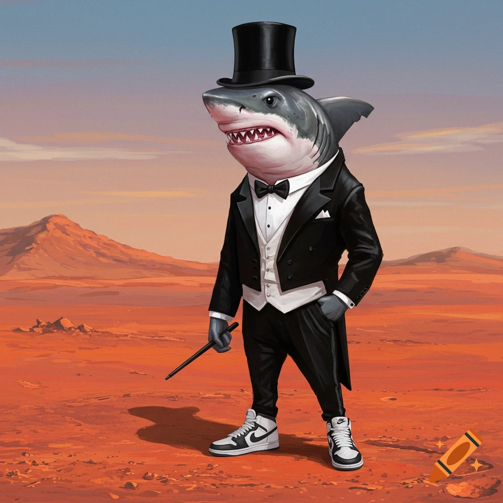 An anthropomorphic shark in a tuxedo, top hat, and sneakers stands in a desert landscape.