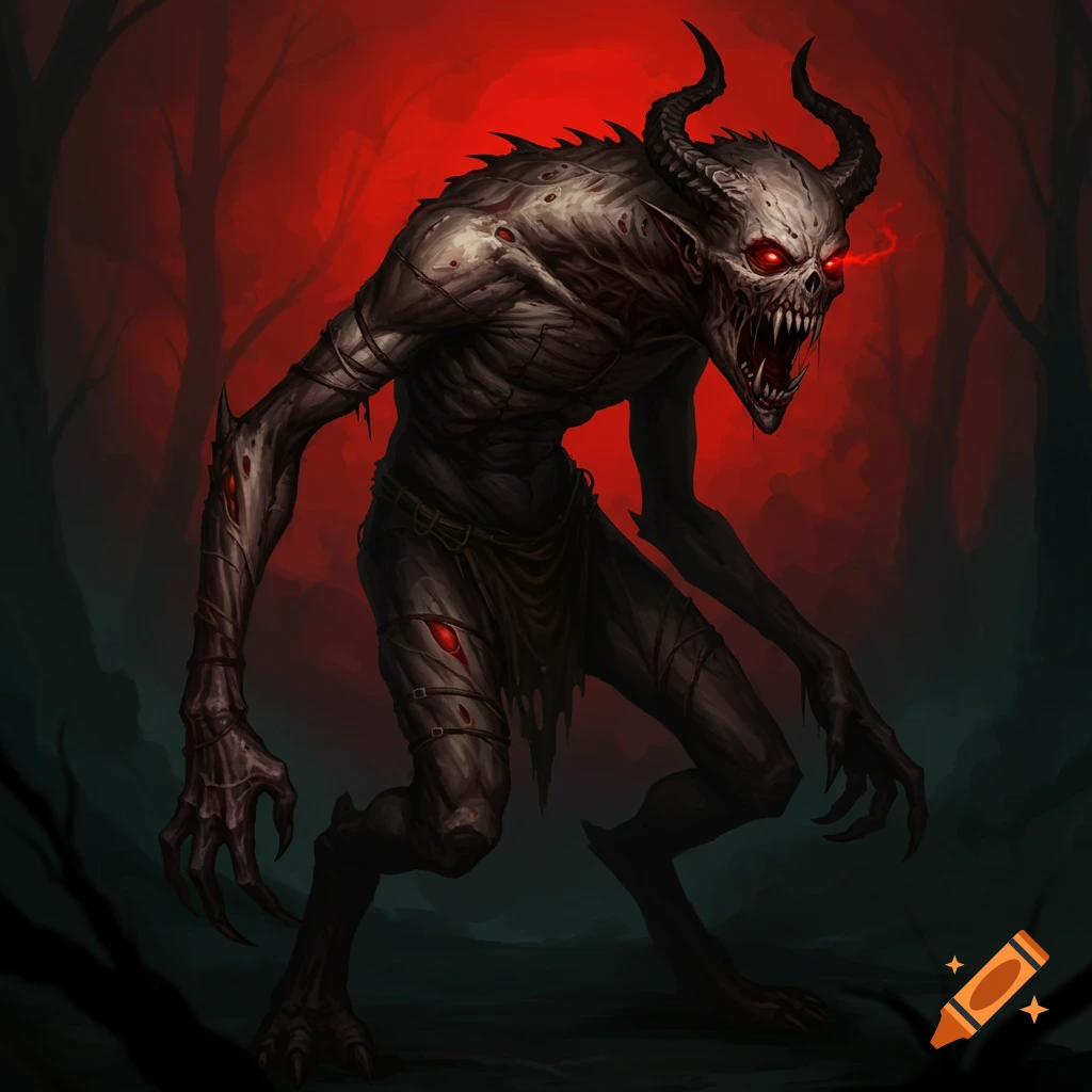 A demonic creature with horns, sharp teeth, and red eyes stands in a dark forest with a red background.