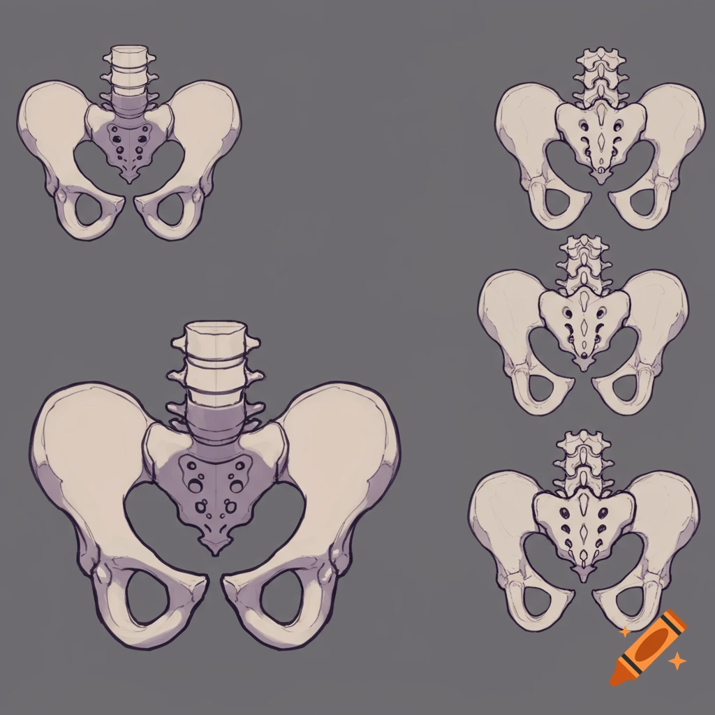 Four illustrations of a pelvic bone in a simple line art style on a grey background.