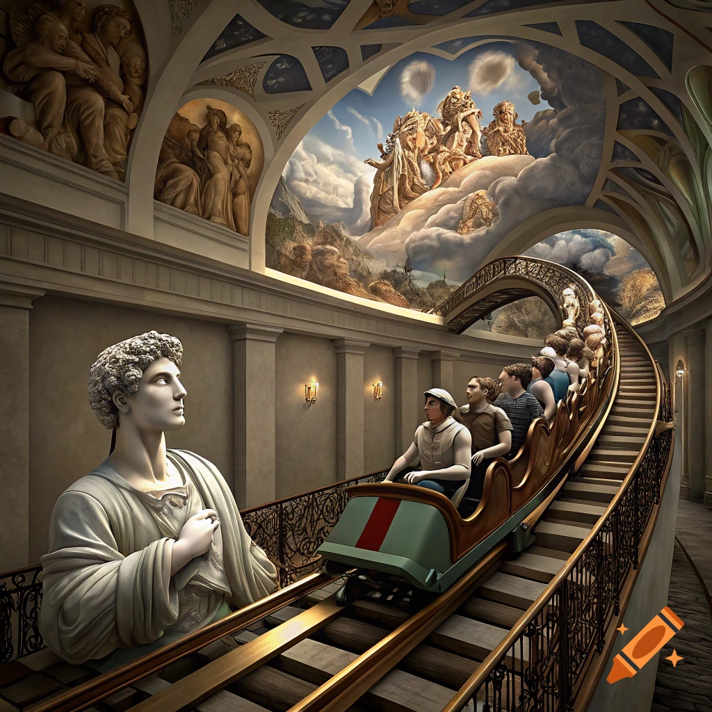A roller coaster car full of people rides past classical statues and paintings inside a grand building.
