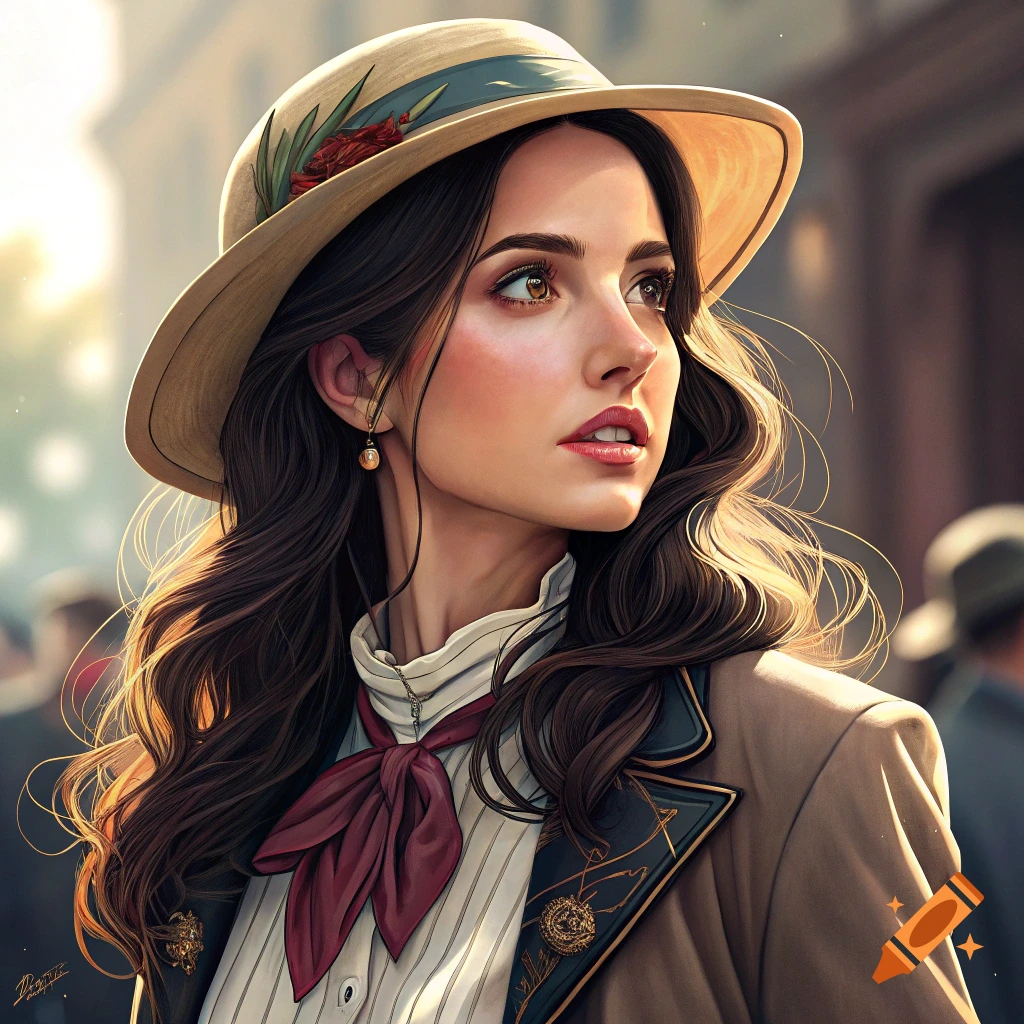 A woman in a straw hat and period clothing looks away outdoors.