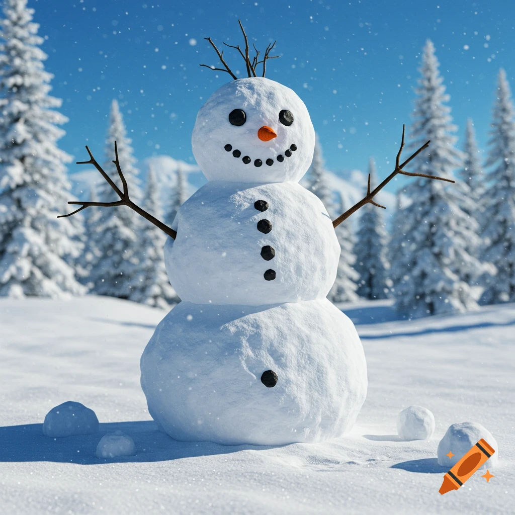 A realistic snowman stands in a snowy landscape with trees and falling snow.