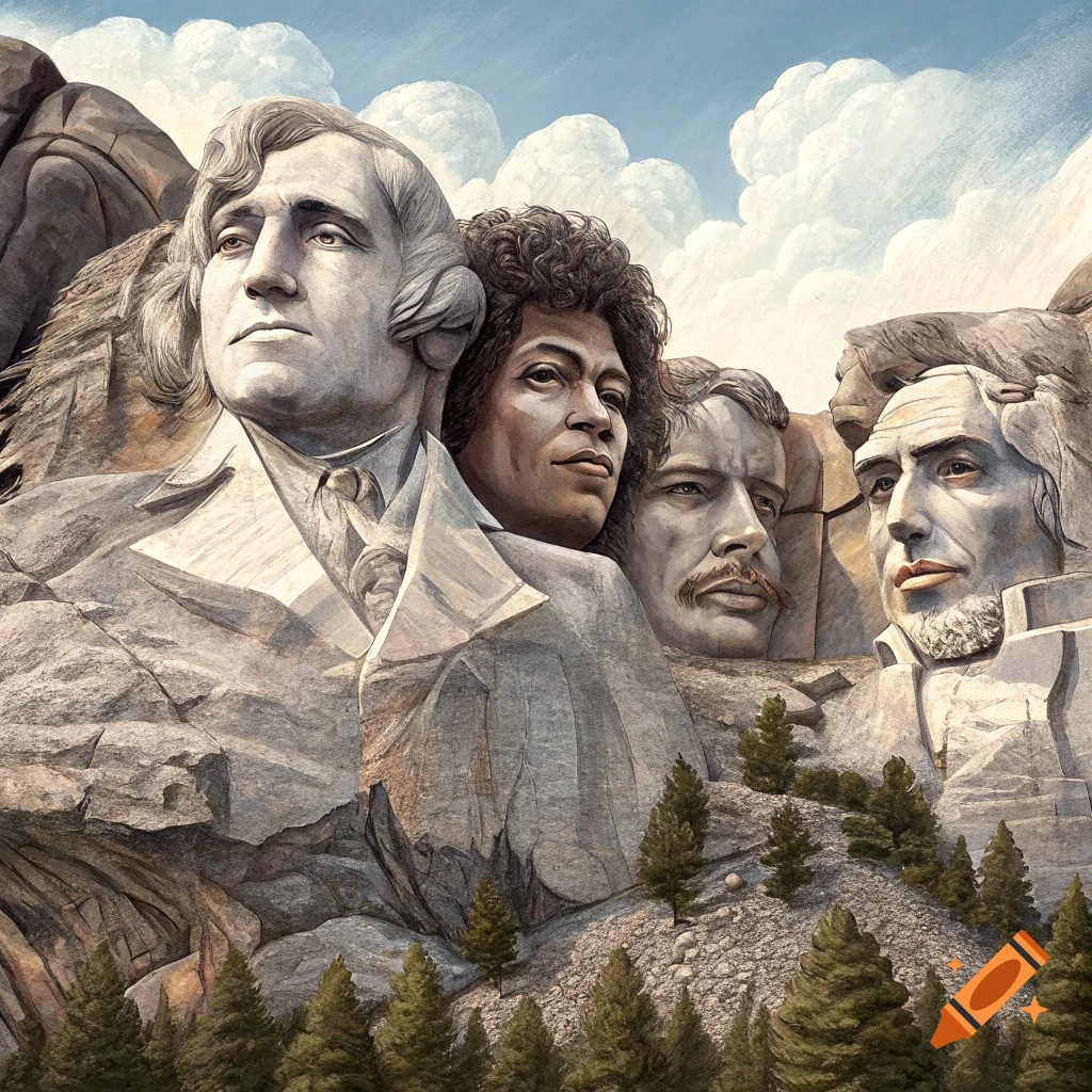 Mount Rushmore with carvings of four musicians