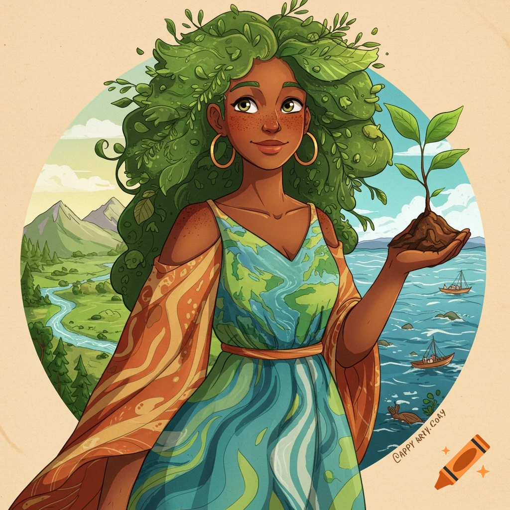 A woman with leafy green hair, wearing an Earth dress, holding a seedling in a natural landscape