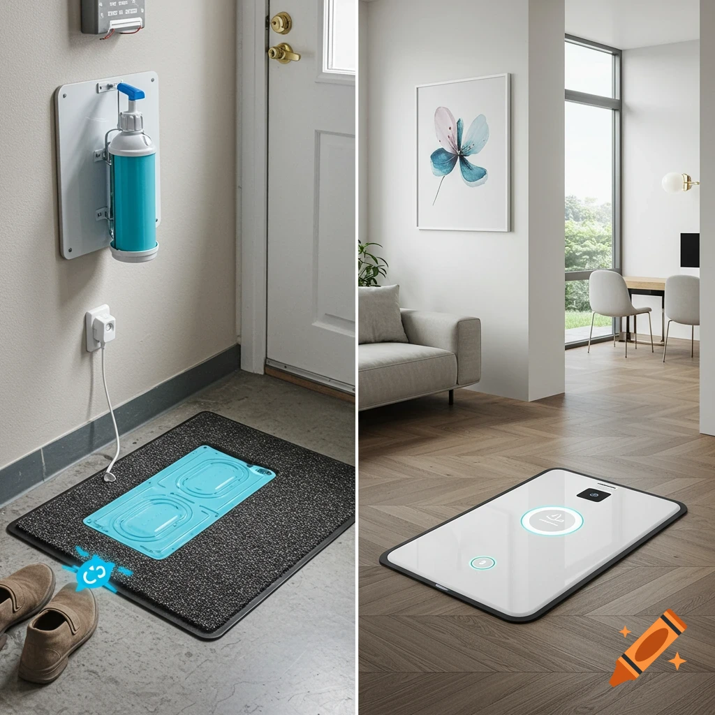 Side-by-side of a manual shoe mat and a modern UV shoe mat in different home/office entryways.