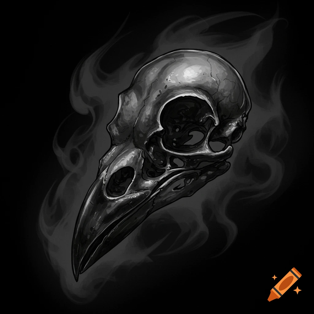 A raven skull surrounded by smoke on a black background.