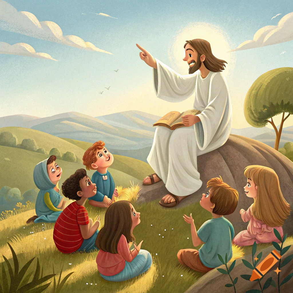 Illustration of Jesus teaching children on a grassy hill.