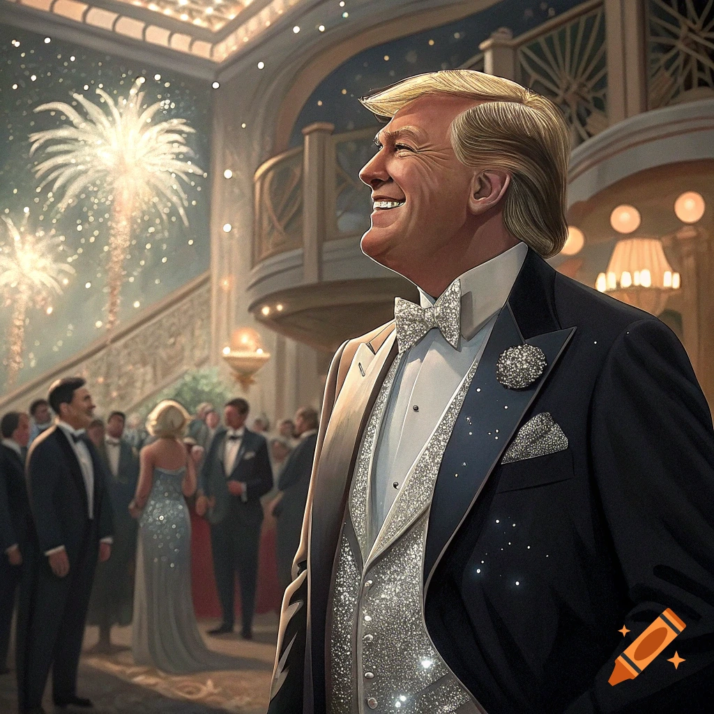 Illustration of a man resembling Donald Trump in a tuxedo and sparkly vest at a formal party with fireworks.