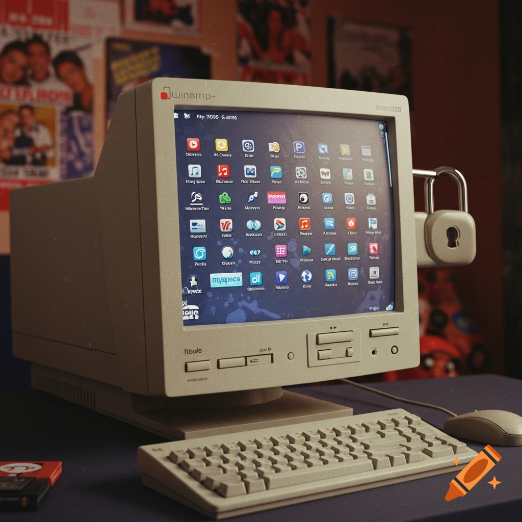 A retro 2000s computer with a CRT monitor showing icons, a keyboard, mouse, and floppy disks on a desk with posters.