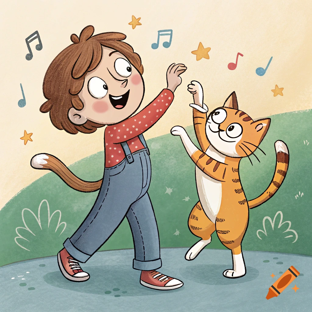 Cartoon illustration of a child and a cat dancing with music notes
