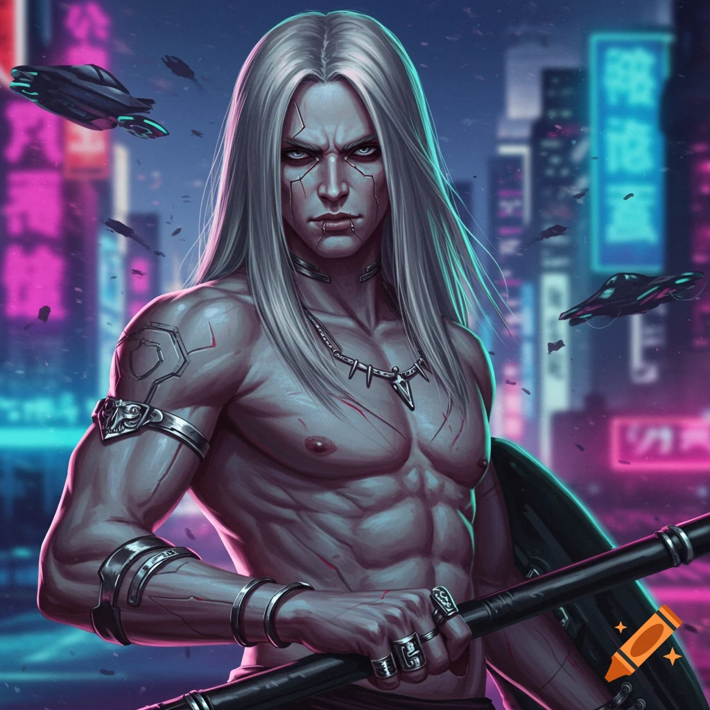 A muscular warrior with scars and long grey hair in a cyberpunk city.