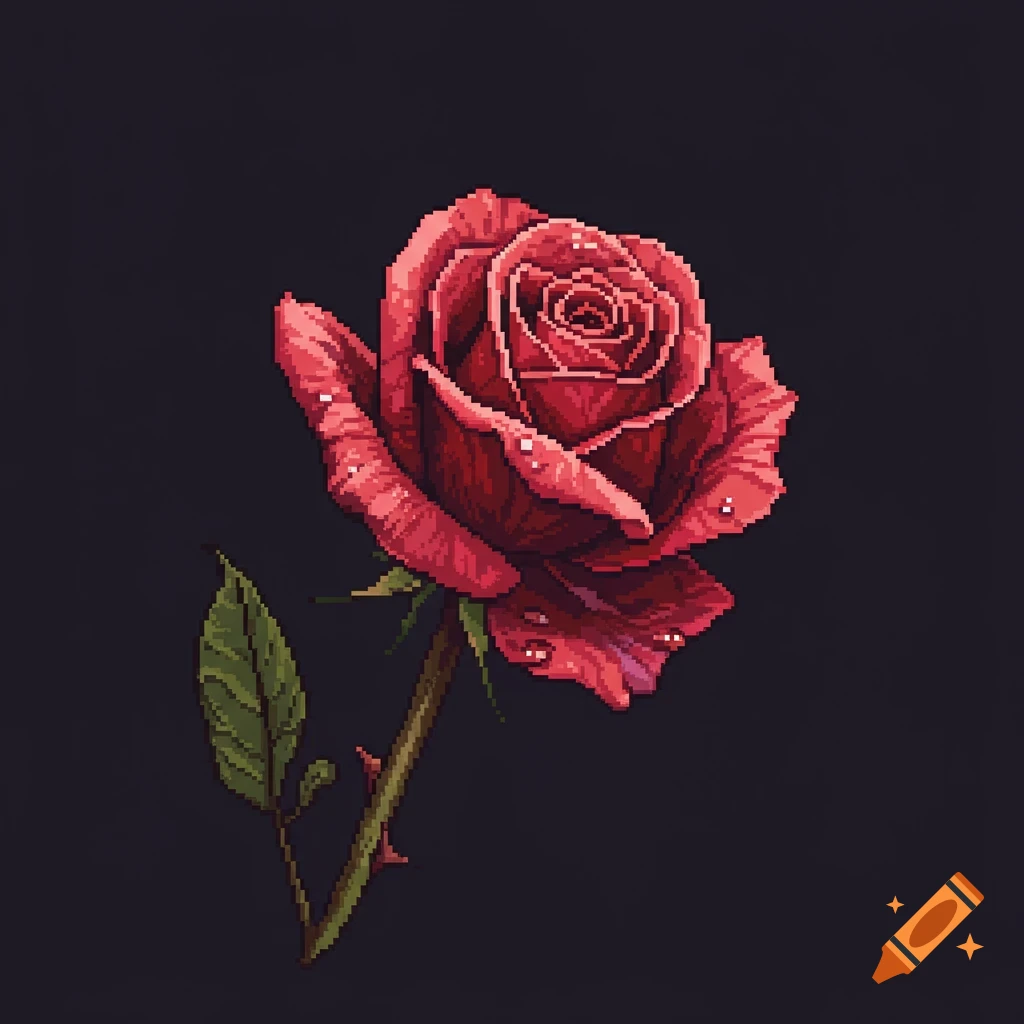 Pixel art red rose with water droplets on a dark background.